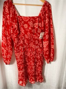 Red Smocked Floral Mini Dress SIZE MEDIUM
